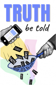 Truth Be Told mini zine cover shows lies being shaken from a smartphone into a net to be sifted clean.