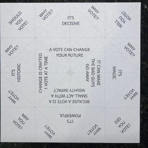 An unfolded chatterbox or fortune teller with miscellaneous messages encouraging people to vote. 