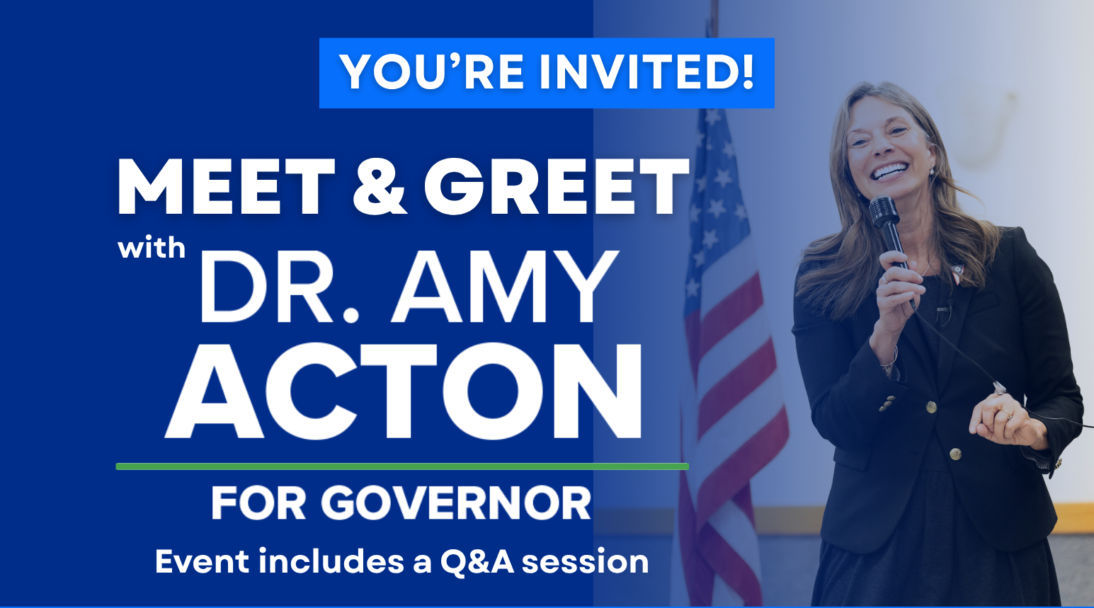 an invitation for meet and greet with dr amy acton for governor with acton smiling and a blue image over her