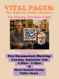 Flier for Vital pages the fight for public libraries. Free showing, discussion and Q&A