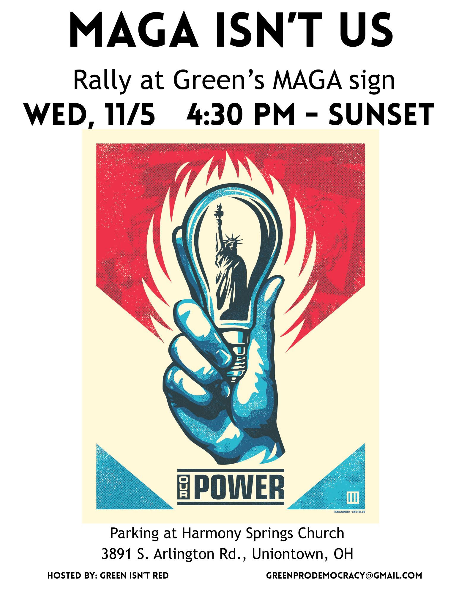 Flier for MAGA protest on Nov. 5 at 4:30 pm at the MAGA sign on South Arlington Road in Akron.